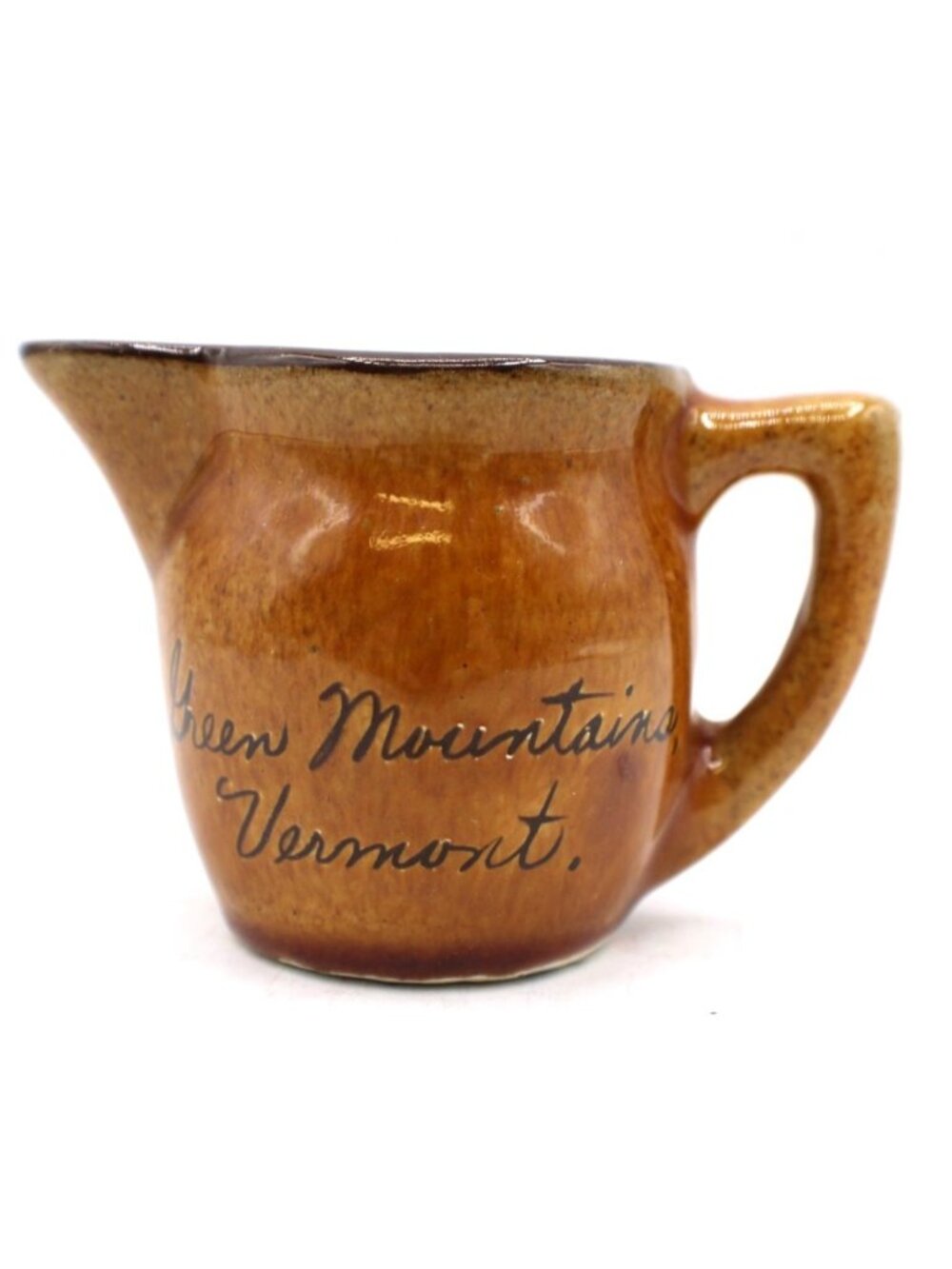 Mini Creamer Pitcher Green Mountains Vermont Brown Ceramic Pottery Vtg Souvenir - Picture 1 of 11